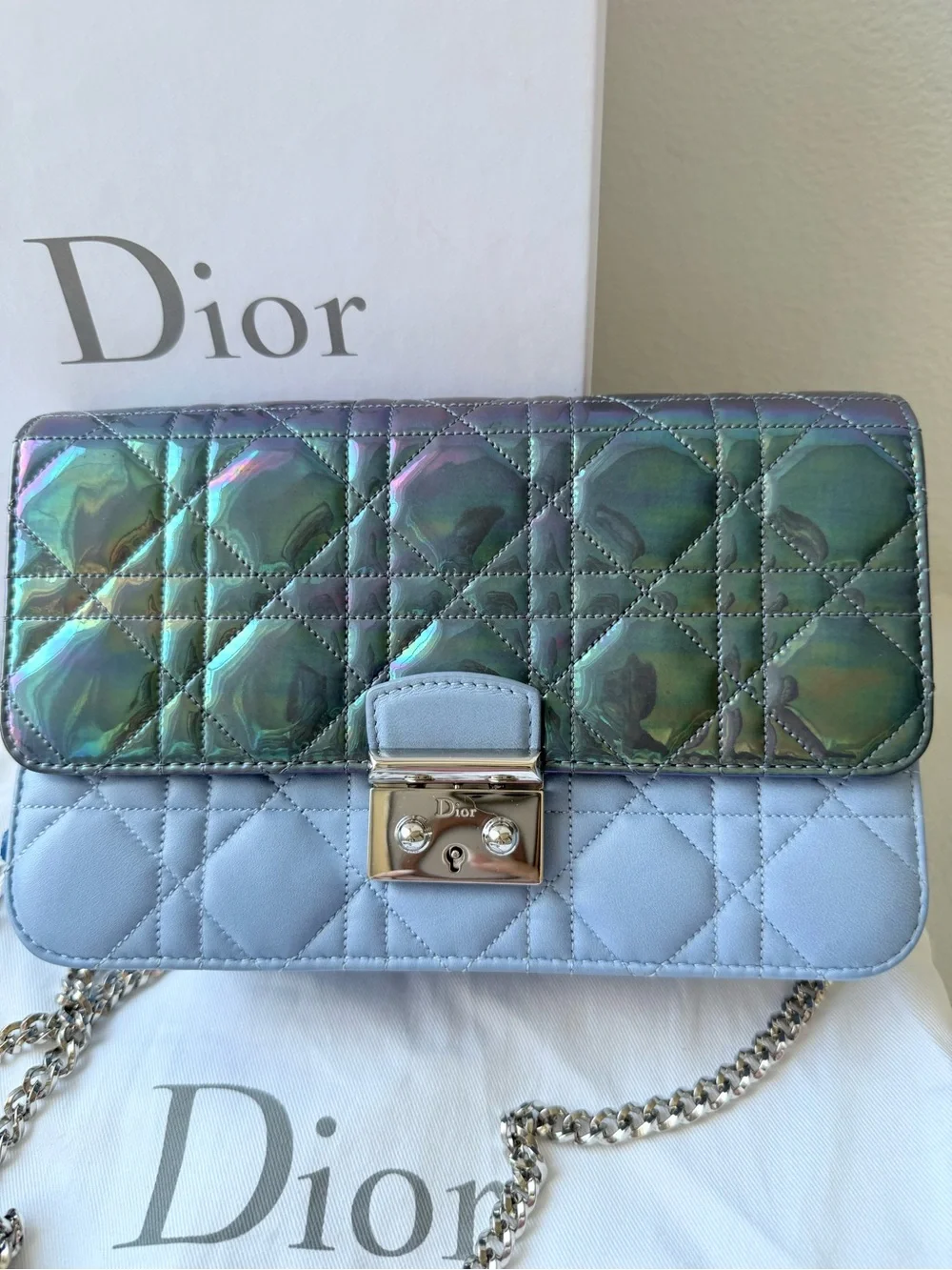 ⭐️Dior Quilted Two-Tone Leather Shoulder Bag in Iridescent Green and Light Blue